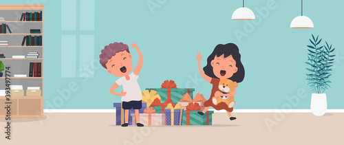Children rejoice at gifts. Happy children, lots of gifts. Holidays concept. Vector.