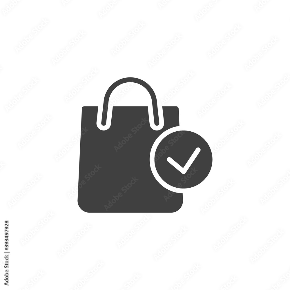 Shopping bag and check mark vector icon. filled flat sign for mobile concept and web design. Completed order glyph icon. Symbol, logo illustration. Vector graphics Shopping bag and check mark vector icon. filled flat sign for mobile concept and web design. Completed order glyph icon. Symbol, logo illustration. Vector graphics