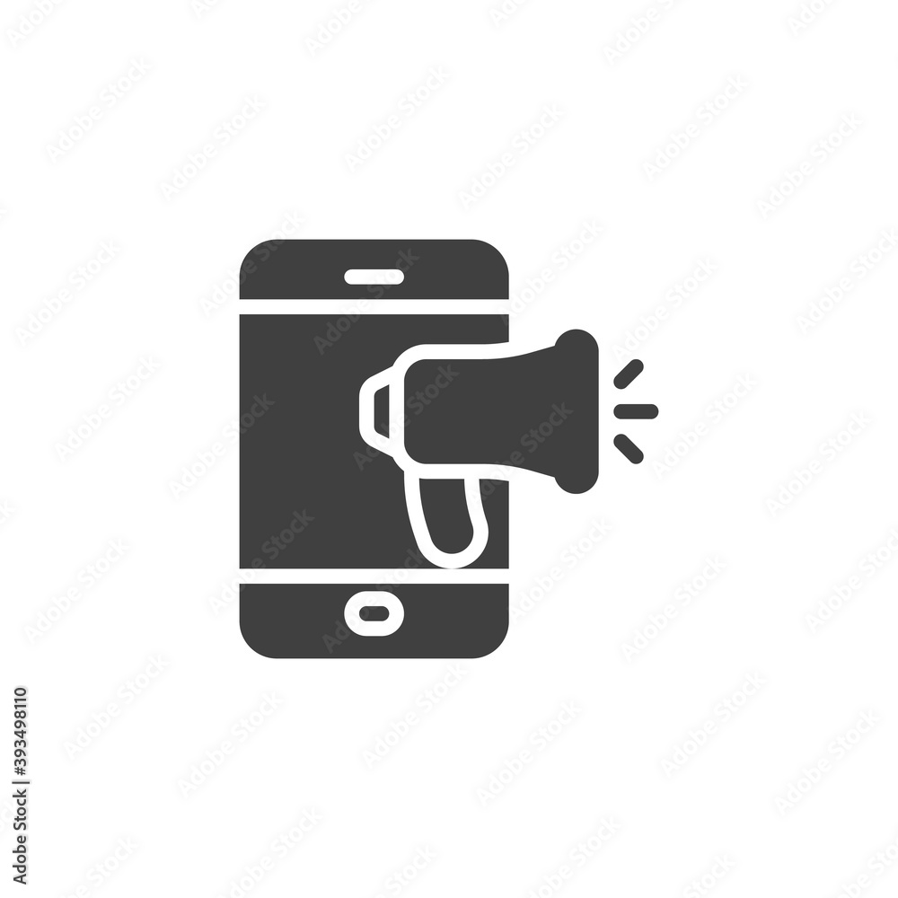 Mobile phone with megaphone vector icon. filled flat sign for mobile concept and web design. Mobile promotion, marketing glyph icon. Symbol, logo illustration. Vector graphics Mobile phone with megaphone vector icon. filled flat sign for mobile concept and web design. Mobile promotion, marketing glyph icon. Symbol, logo illustration. Vector graphics