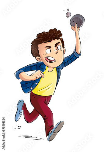 Angry boy running with a stone in his hand