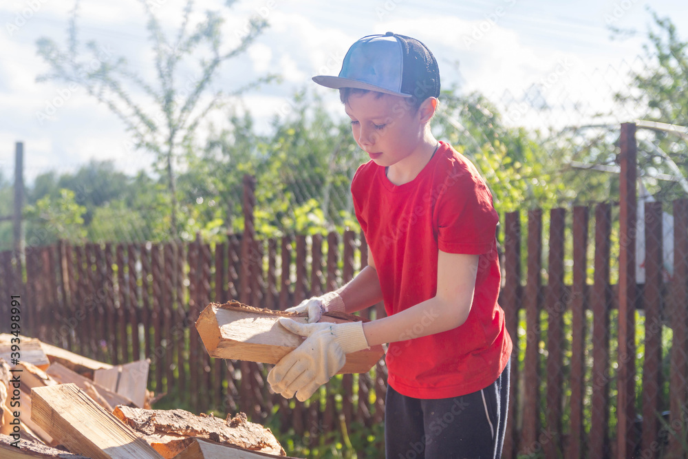 A teenage boy helps a family unload wood for the stove. A good son likes to help. A teenage boy helps a family unload wood for the stove. A good son likes to help.