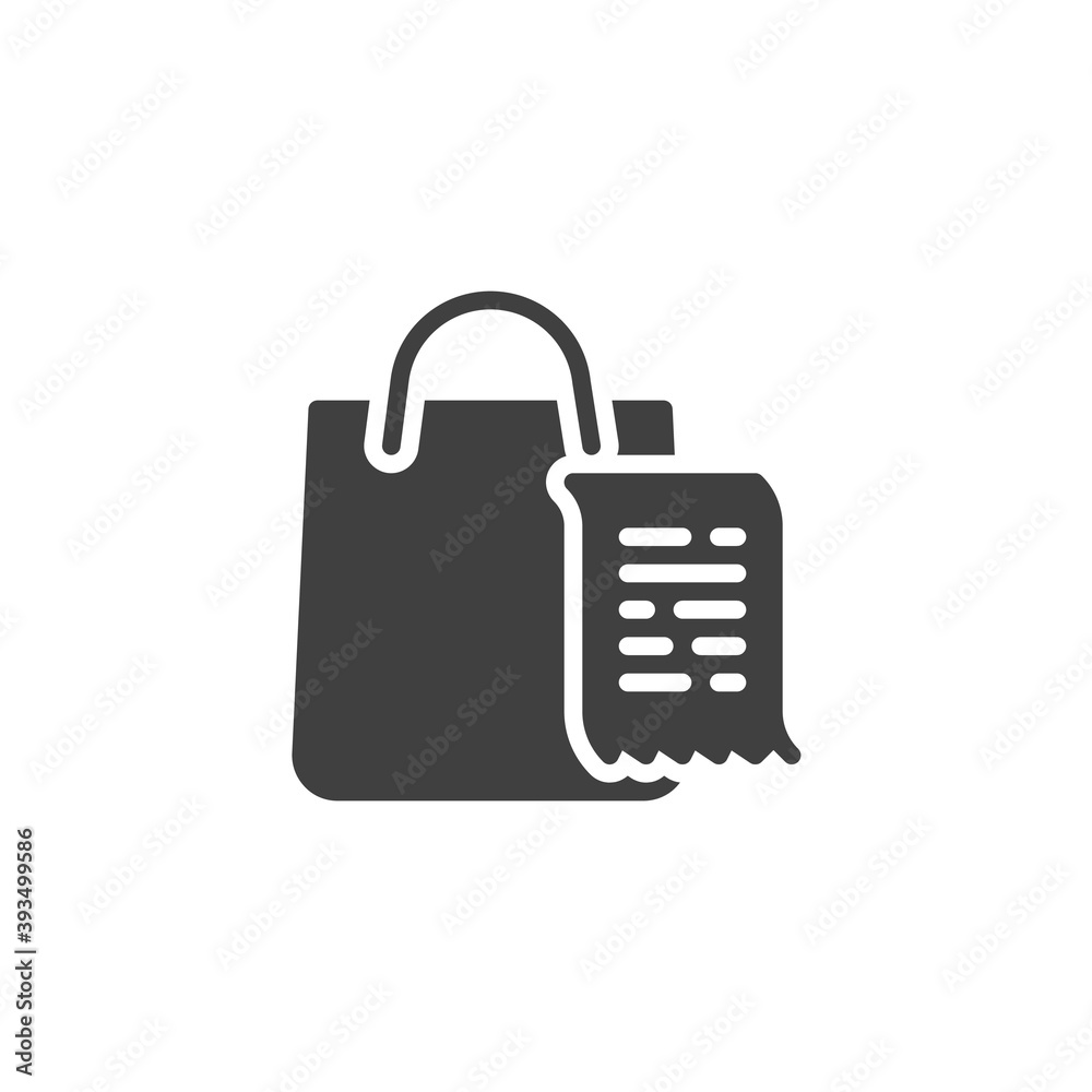 Shopping bag and bill vector icon. filled flat sign for mobile concept and web design. Purchase receipt glyph icon. Symbol, logo illustration. Vector graphics Shopping bag and bill vector icon. filled flat sign for mobile concept and web design. Purchase receipt glyph icon. Symbol, logo illustration. Vector graphics