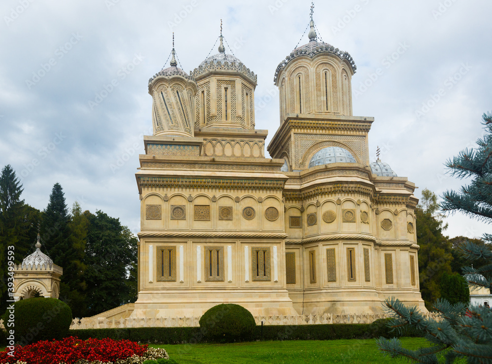 Picturesque landscape with Curtea de Arges Cathedral, masterpiece of Byzantine architecture in Romania