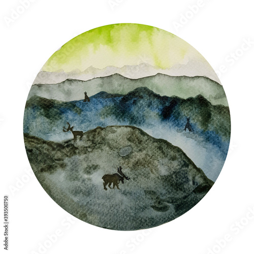 Polar or Siberia northern light landscape, reindeer walking on nordic mountains landscape, hand drawn watercolor illustration. Wild nature, forest, north deers.