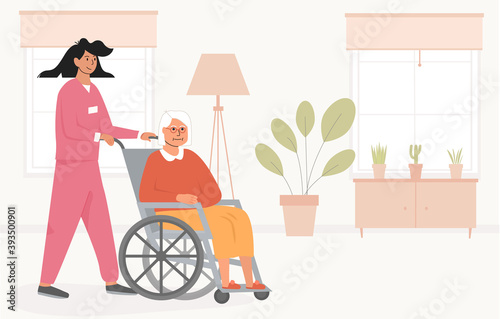 Residential care facility. A nurse with old woman on wheelchair. A bedroom in nursing home or retirement home. Scene of disabled elderly person with social worker at home. Concept of assisted living.