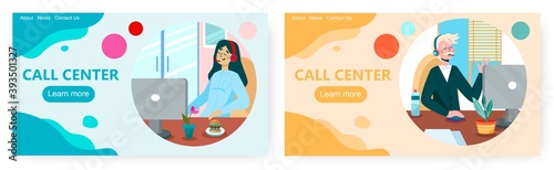 Call center operator using headset to talk by phone. Customer service concept vector illustration. Office desk with computer, online call, video conference and webinar