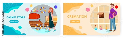 Woman is choosing a coffin or casket for a funeral. Cremation concept vector illustration. Man put urn with ash to columbarium. Coffin store