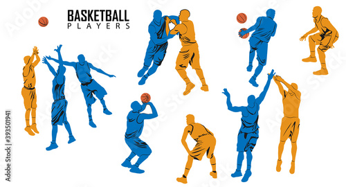 Basketball Players. Game situation. Vector set of colored silhouettes.