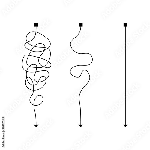 Tangled lines with the beginning and the end. Problem solving concept. Find the right way. Vector illustration.