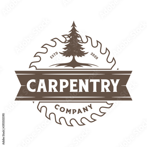 Pines Evergreen Conifer tree with Circular Saw Blade for Sawmill Carpentry Woodwork Vintage Retro logo design