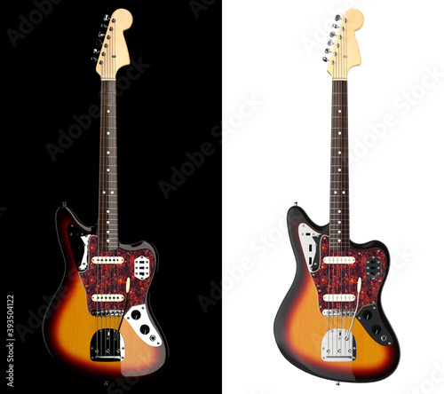 Front view of black brown electro guitar black and white background 3d rendering