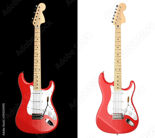 Front view of red white electro guitar black and white background 3d rendering