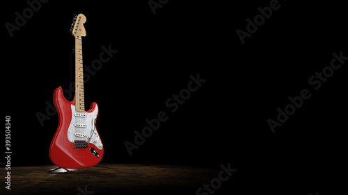 Red and white electro guitar on guitar stand with black background and textured floor 3d rendering