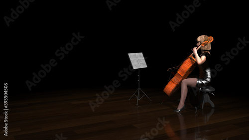 Musican woman playing cello on stage alone with note stand black background 3d rendering