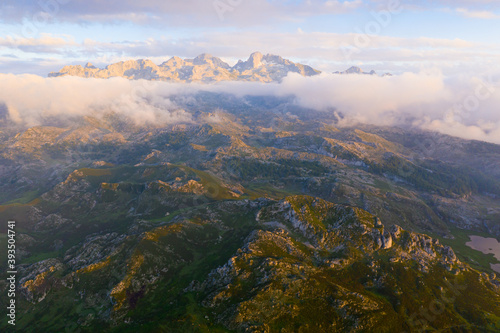 Panoramic view from the drone on the mountain lake. Lagos de Cavadonga. Picos de Europa. Spain
