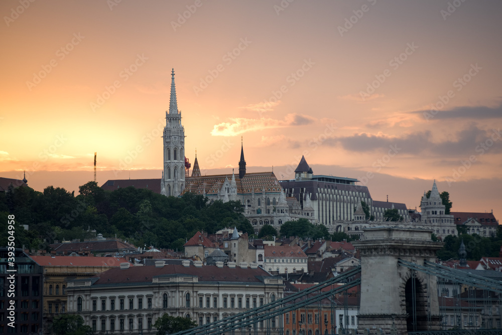 Buda side of Budapest at sunset, featuring st. Matthews church