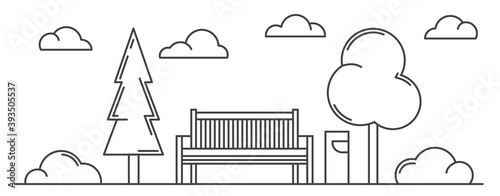 Outline city park, bench, lights and trees. Landscape sketch. Creative horisontal line art monochrome vector illustration on white background.