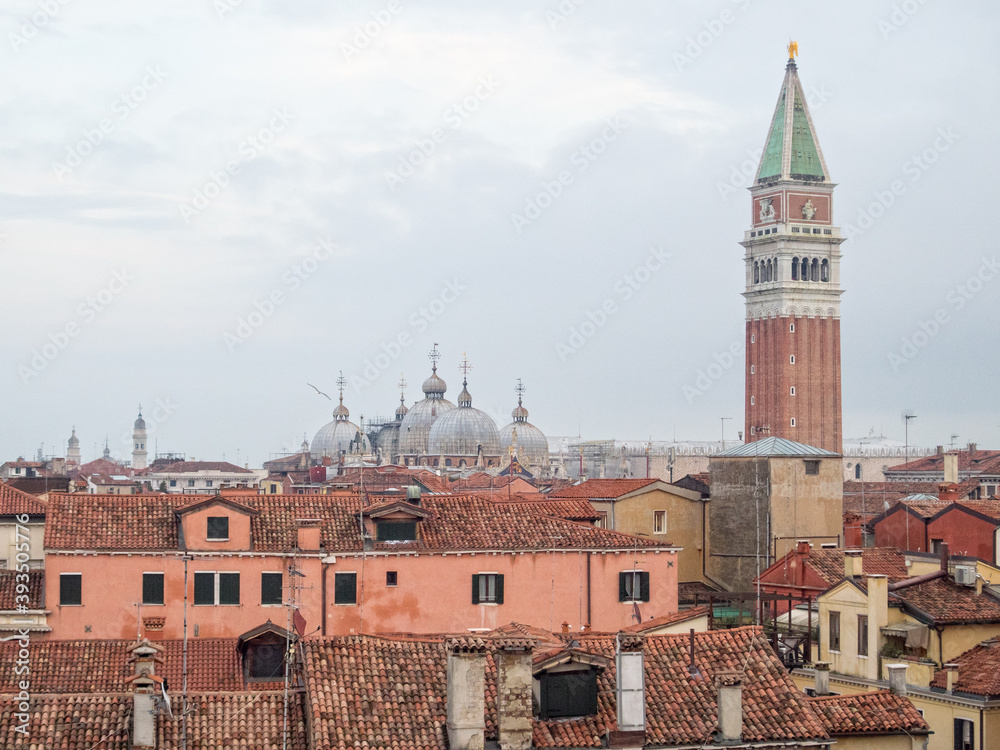 St Mark's Campanile and Basilica (Basilica e Campanile di San Marco) above the roofs - Venice, Veneto, Italy