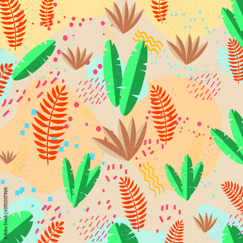 Colorful summer tropical leaves  flowers and florals pattern. Vector illustration.
