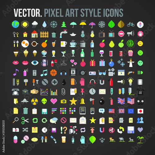 Vector different pixel art style icons big set, isolated vector illustration. Design for web, stickers, logo and mobile app.