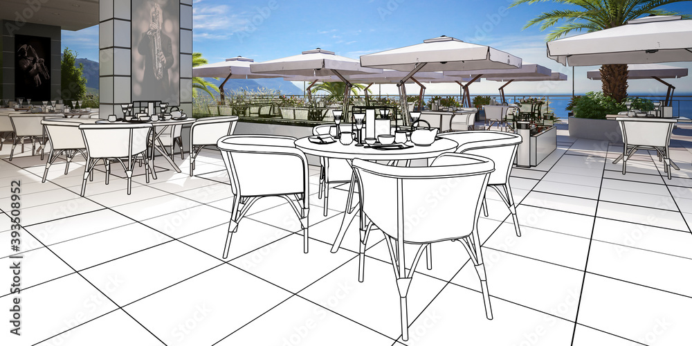 Outdoor Terrace Bar & Restaurant (draft) - panoramic 3d visualization