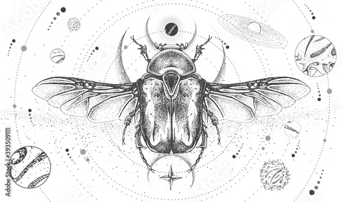 Modern magic witchcraft card with solar system and Flower chafer beetle. Hand drawing occult vector illustration