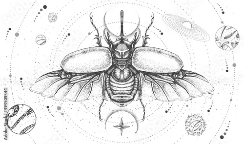 Modern magic witchcraft card with solar system and rhinoceros beetle. Hand drawing occult vector illustration