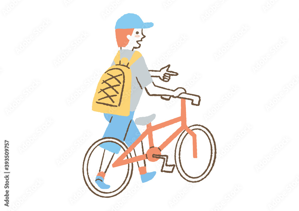 Fototapeta premium 何かを指さして自転車をひく男性