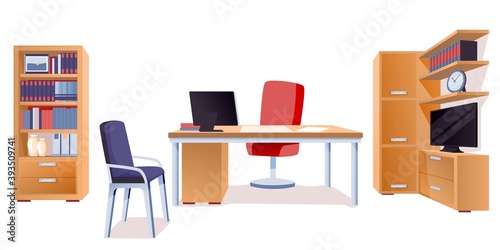 Modern office interior design elements. Chairs, table with computer monitor, cupboard with books and documents, tv and clock. Workplace furniture vector illustration on white background