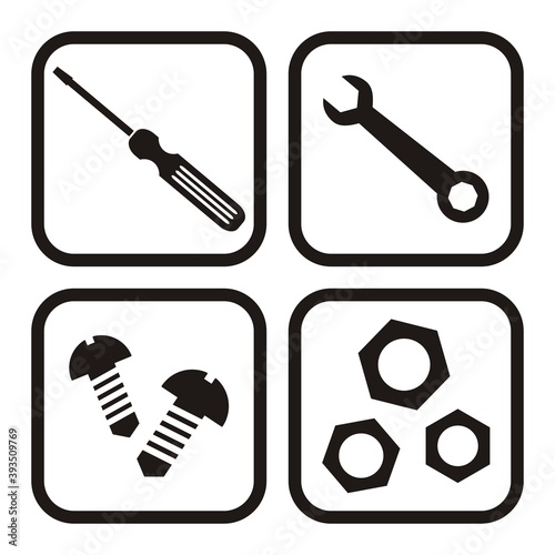 Set of icons, bolts, nuts, screwdriver and wrench, vector