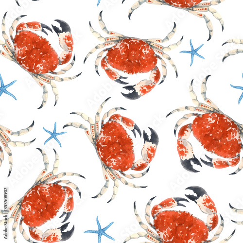 Beautiful vector seamless underwater pattern with watercolor red crabs and starfish. Stock illustration. photo