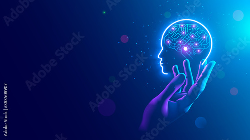 AI. Electronic brain. Neon Silhouette of human head with artificial intelligence hanging over palm hand. Cybernetic artificial neural network. Electronic mind. Neuronet, deep machine learning concept.