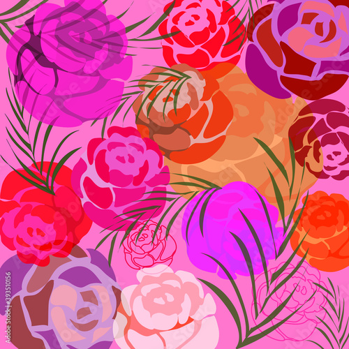 Multilayer floral pattern with colored flowers and branches on pink background