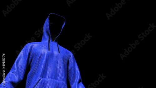 Anonimous hacker with blue hoodie in shadow under spot lighting background. Dangorous criminal concept image. 3D CG. 3D illustration. 3D high quality rendering.