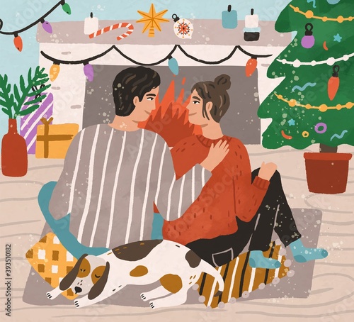 Young couple hugging and sitting on carpet by fireplace at home decorated with Xmas tree and other Christmas decor. Happy man and woman spending winter time together with pet. Flat vector illustration