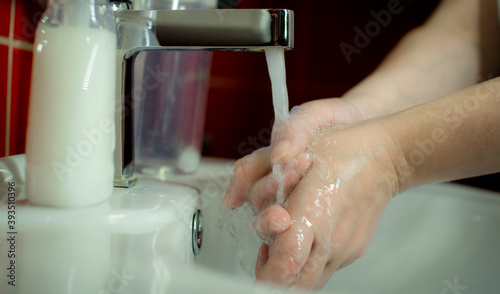 Prevention of coronavirus-destruction of pathogenic bacteria. Wash your hands with liquid soap