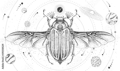 Modern magic witchcraft card with solar system and june beetle. Hand drawing occult vector illustration