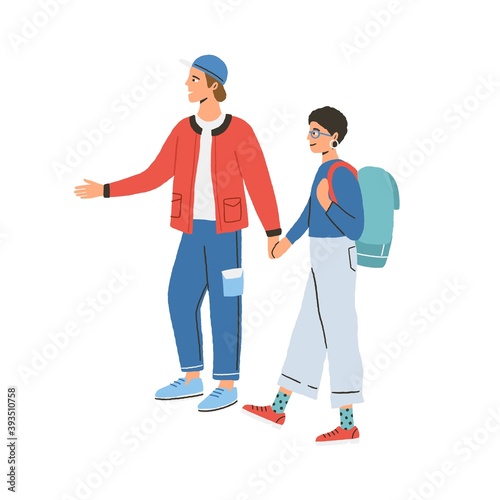 Young happy modern couple during traveling. Man showing and telling something to woman. Tourist characters hiking with backpacks. Flat vector illustration isolated on white background