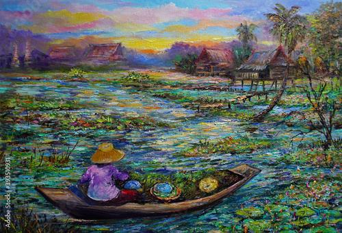 Art painting Oil color abstract Mountains and trees Countryside  , rural life , rural thailand © Kwang Gallery