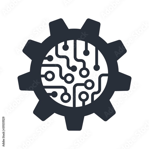 Gear and electronic chip. The concept of automatic process.Technology  Digital Factory Symbol. Vector icon isolated on white background.
