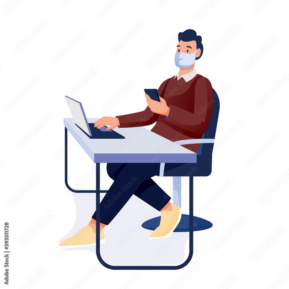 Man in mask working in office at desk with laptop and phone. Workplace in coronavirus pandemic vector illustration. Young guy sitting at table with laptop holding smartphone on white background
