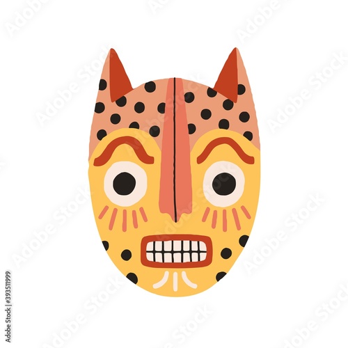 Angry ethnic tribal cat mask showing teeth. Frightening ancient African yellow ritual symbol or souvenir. Flat vector illustration isolated on white background. Clip art element for design
