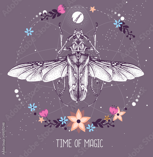 Modern magic witchcraft taros card with longhorn beetle on astrology background. Vector illustration