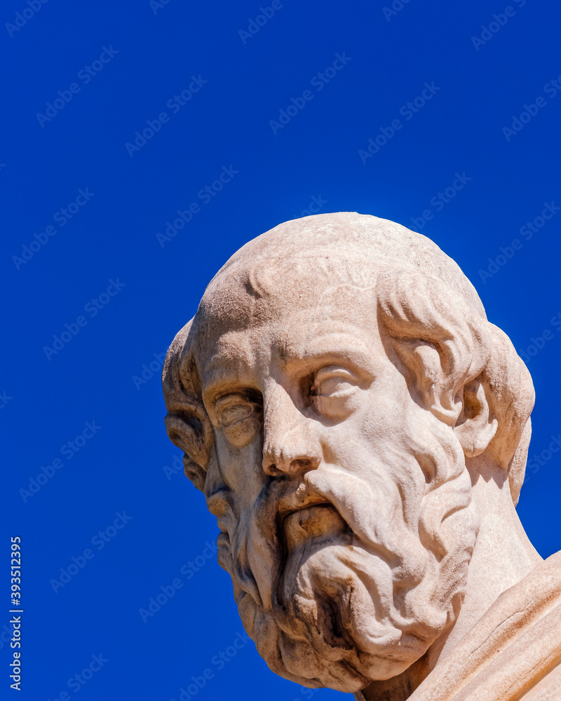 Plato portrait, the famous ancient thinker and philosopher, detail of a marble statue in Athens Greece