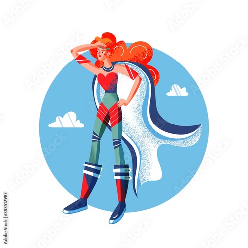 Female superhero in costume thinking. Superwoman with cape vector illustration. Cartoon comic book woman with powers posing on blue sky background. Brave thoughtful girl standing
