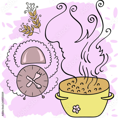 Kitchen Tools Doodles Icon, vector set. steam comes out of a pot of porridge, lunch time