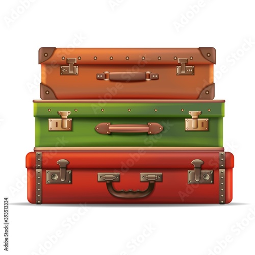 3d realistic vector travel collection of suitcases stacked on top of each other in leather. Isolated on white background.