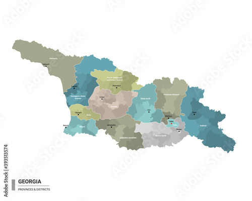 Georgia higt detailed map with subdivisions. Administrative map of Georgia with districts and cities name, colored by states and administrative districts. Vector illustration.