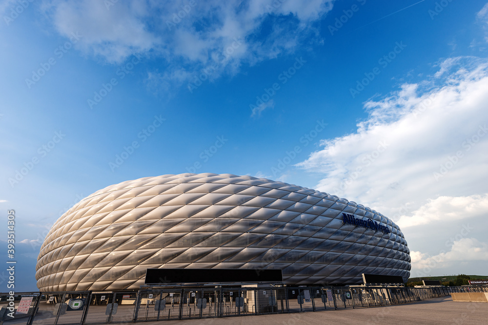 Munich, Germany. Allianz Arena (Fussball Arena Munchen, Schlauchboot), the  home football stadium for FC Bayern Munich. Widely known for its exterior  of inflated ETFE plastic panels. Stock Photo | Adobe Stock