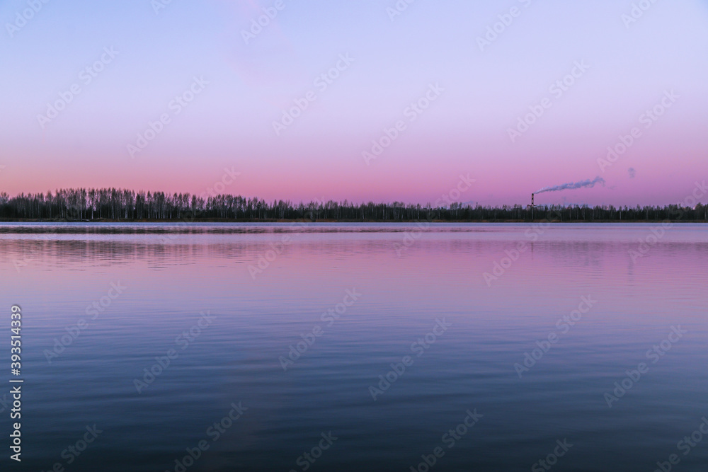 Lake at dawn in autumn. Beautiful nature background